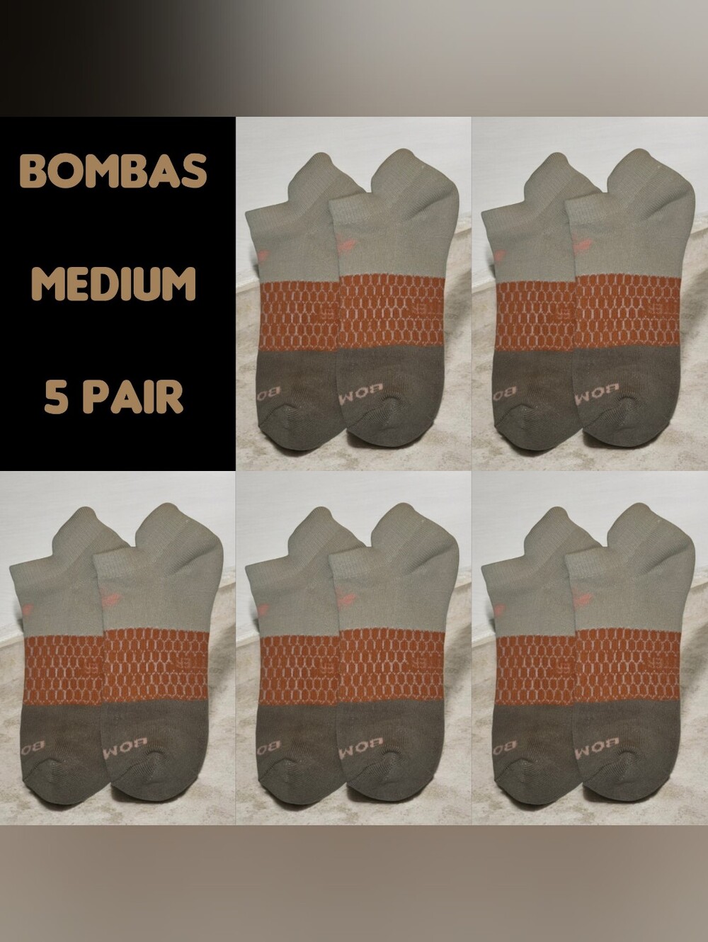 Bombas Medium Ankle Socks Beige Tan Peach 5 Pair BNWT Unisex Honeycomb Arch Supp